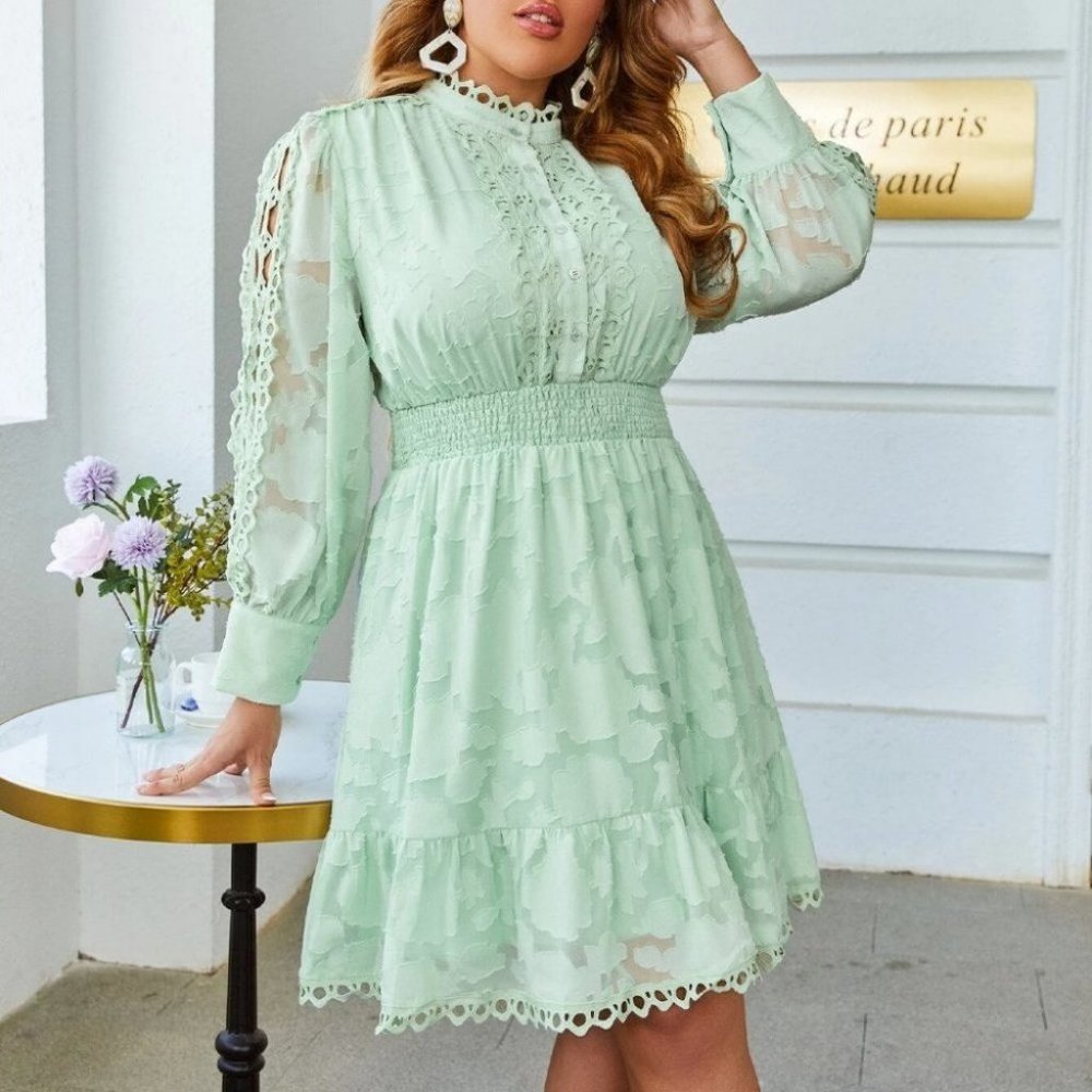 Plus & Reg Size mint green Lace Panel Long sleeve Shirred Waist Ruffle Hem Dress - Picture 7 of 7